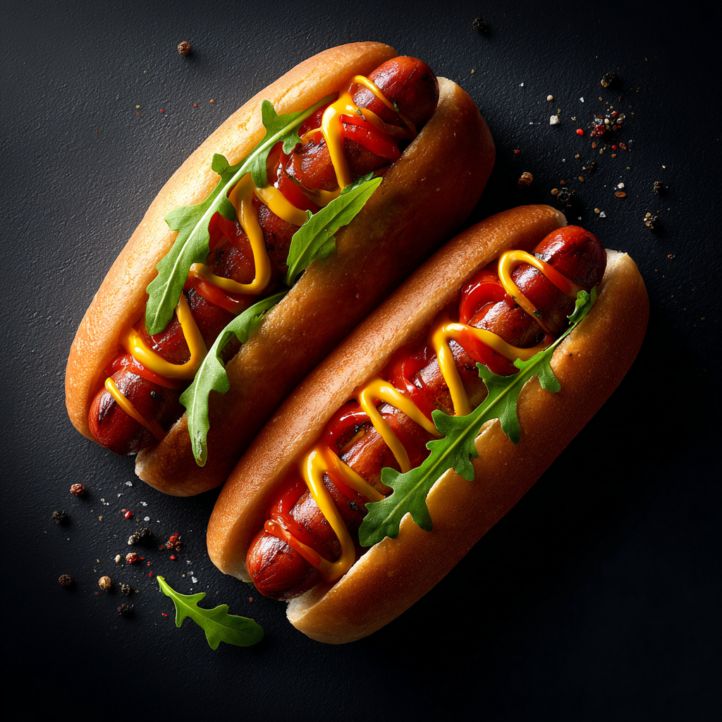 Cinematic Two Hot Dogs Flat Lay Photo