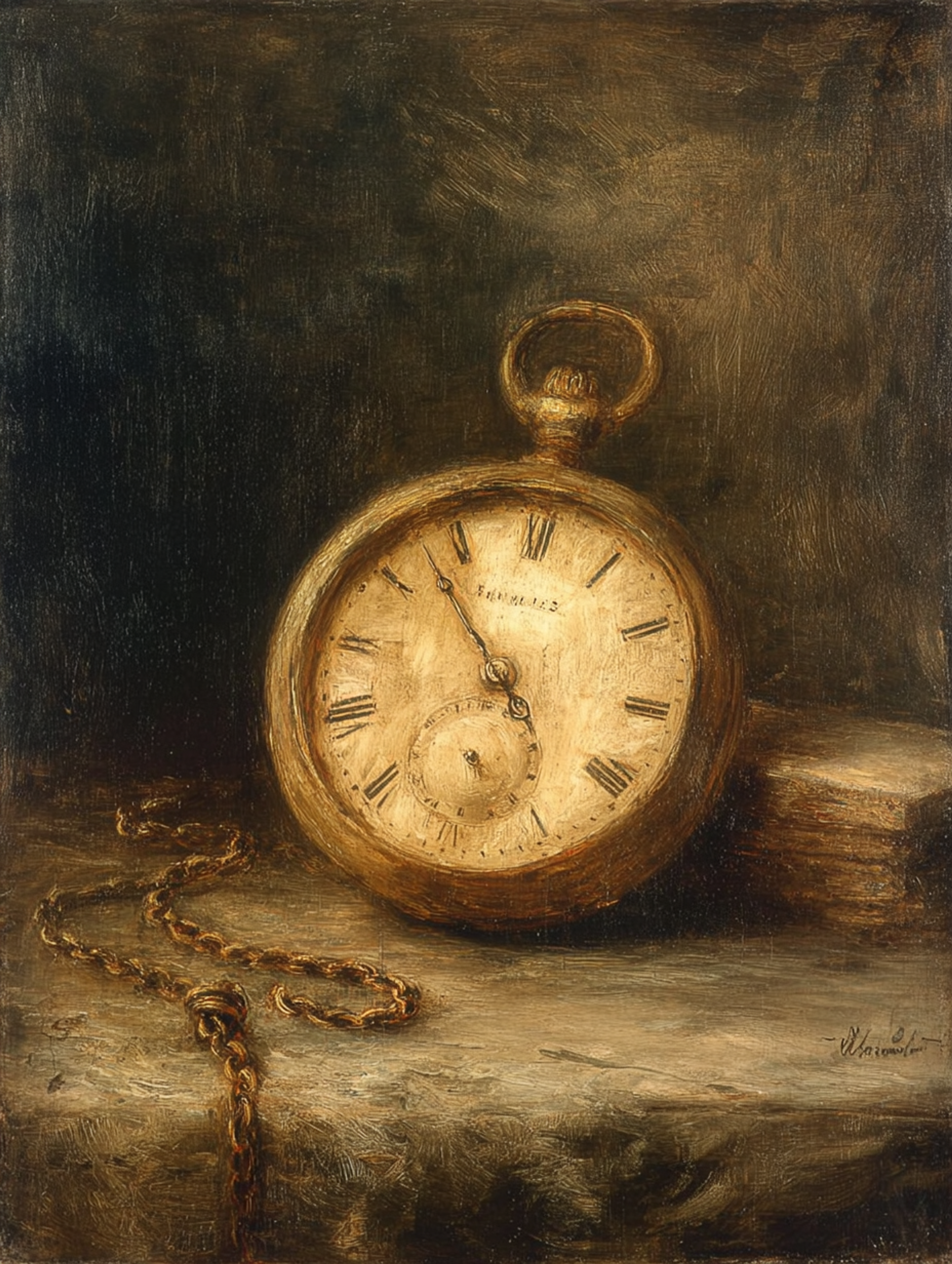 Moody Classical Oil Vintage Pocket Watch on a Table Painting