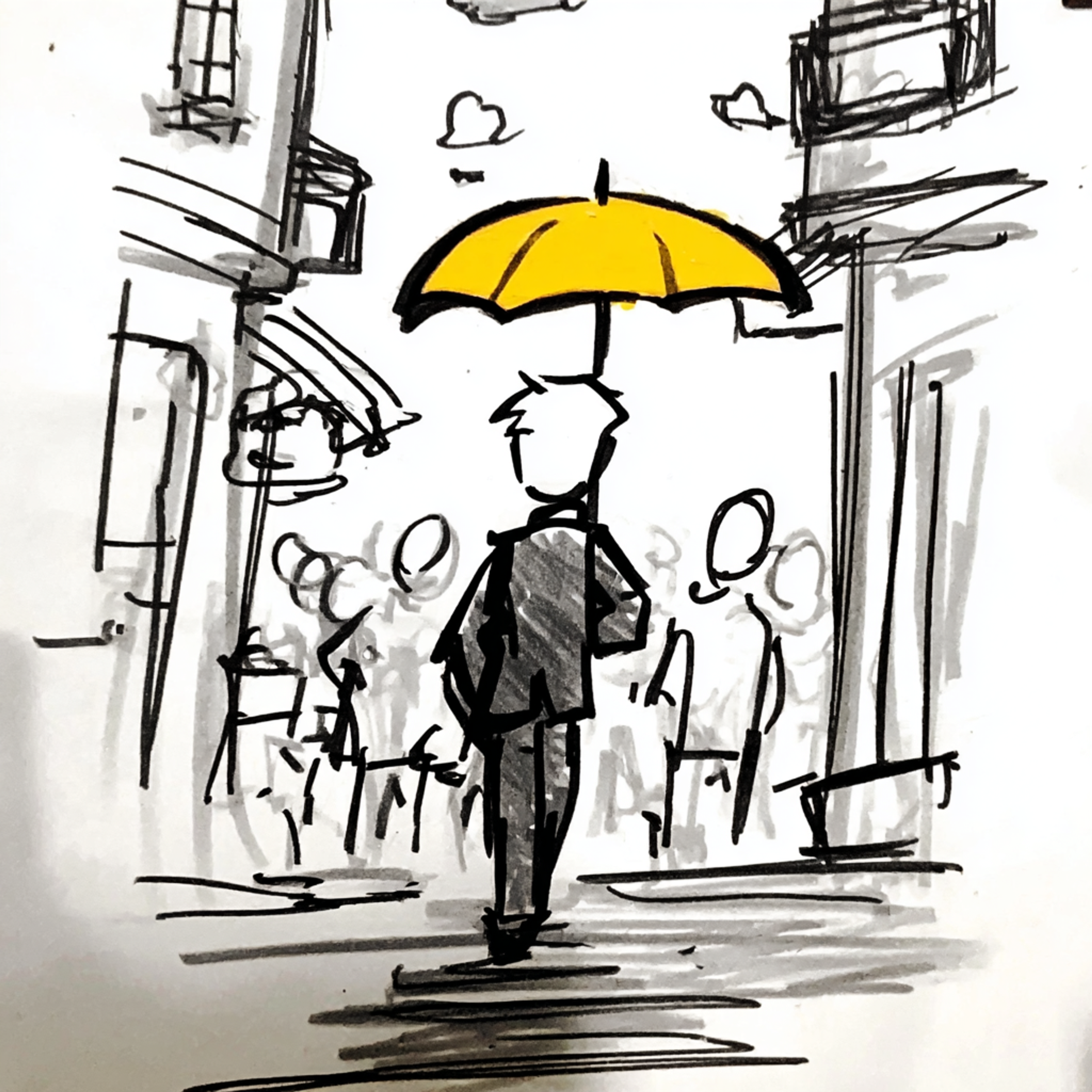 Bold Outline Man with Umbrella Illustration