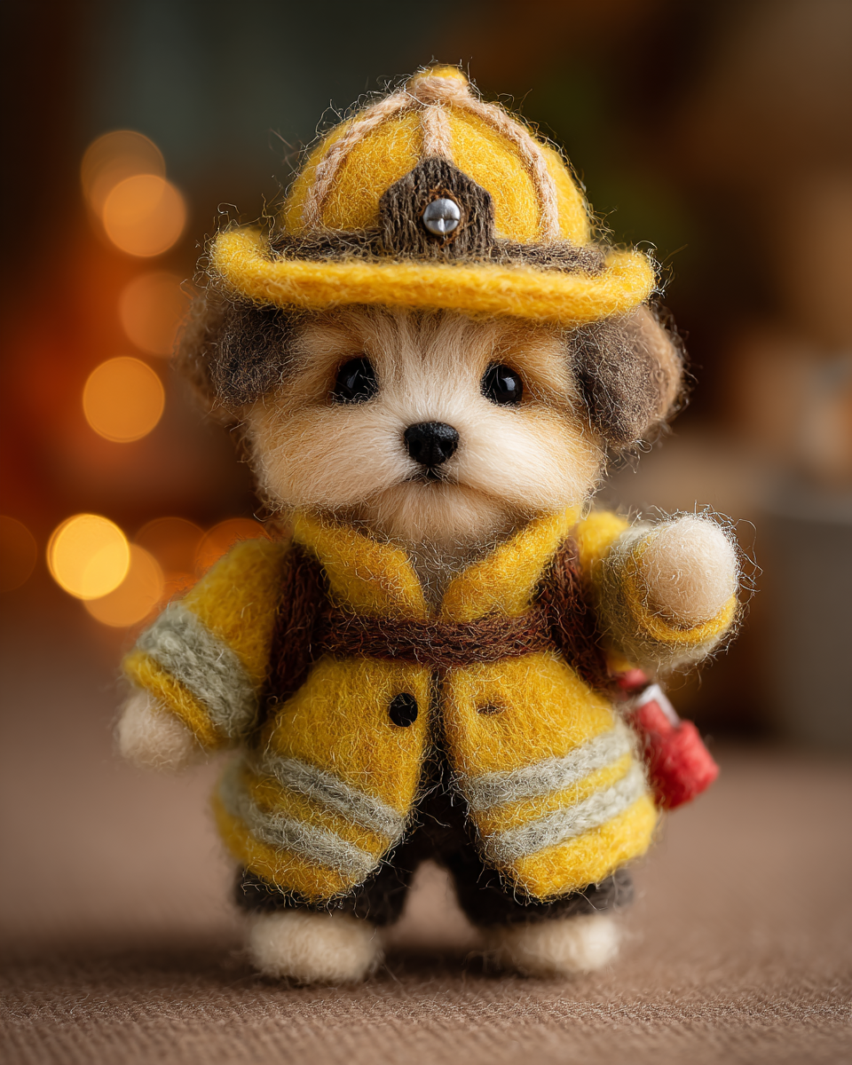 Felted Baby Dog Fireman Diorama