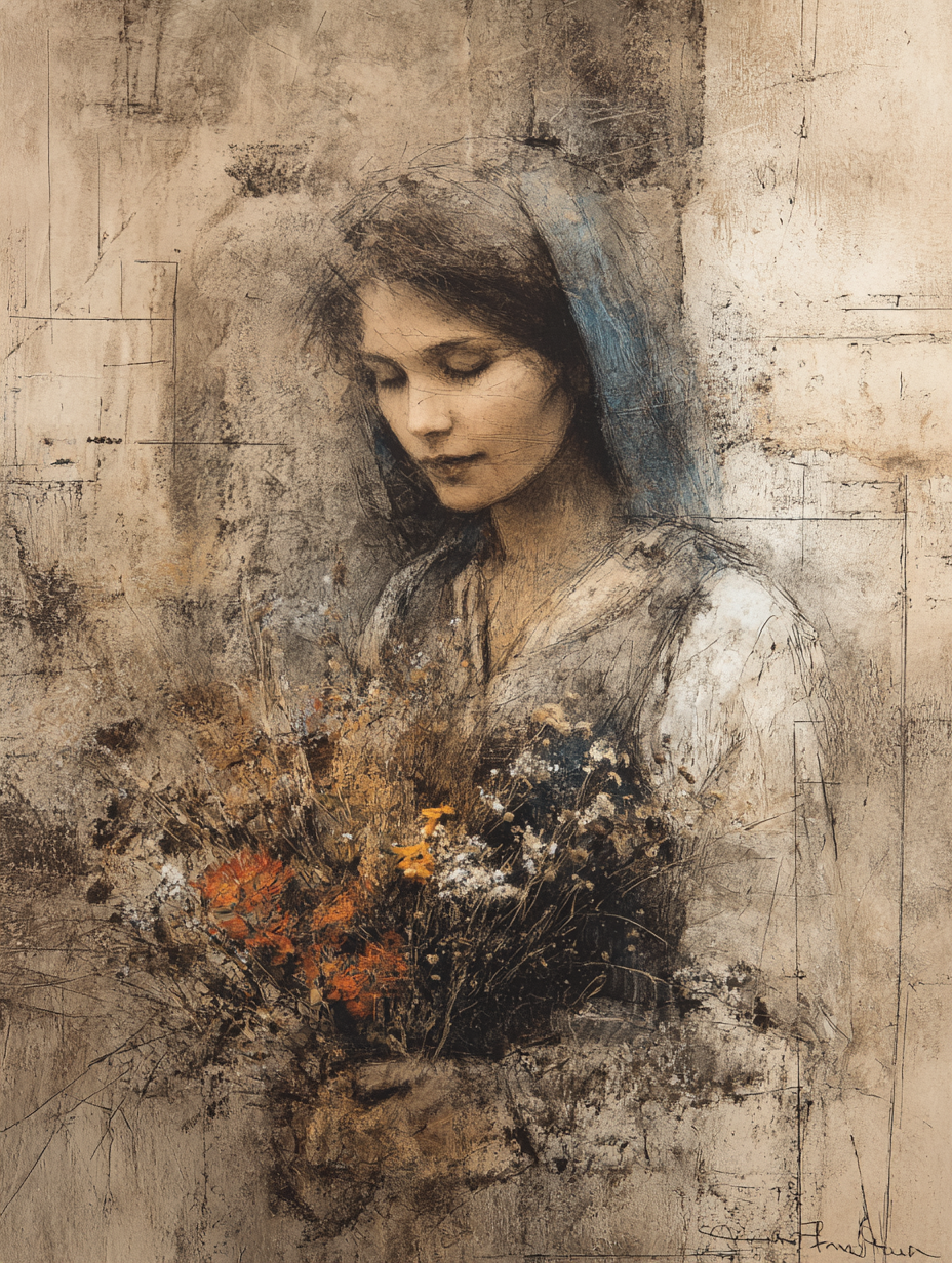 Painterly Impasto Girl with Flowers Painting