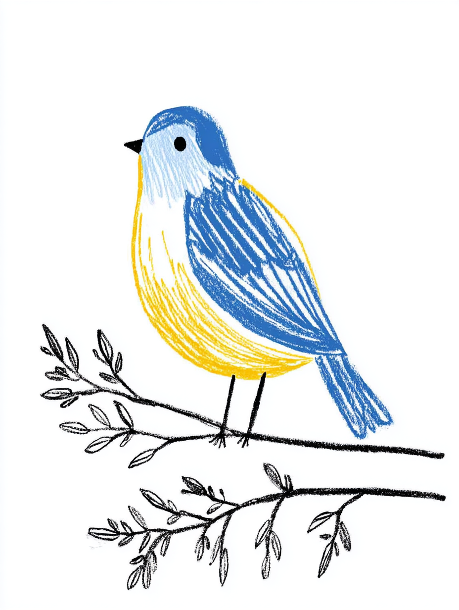 Naive Colored Pencil Bird on Branch Sketch