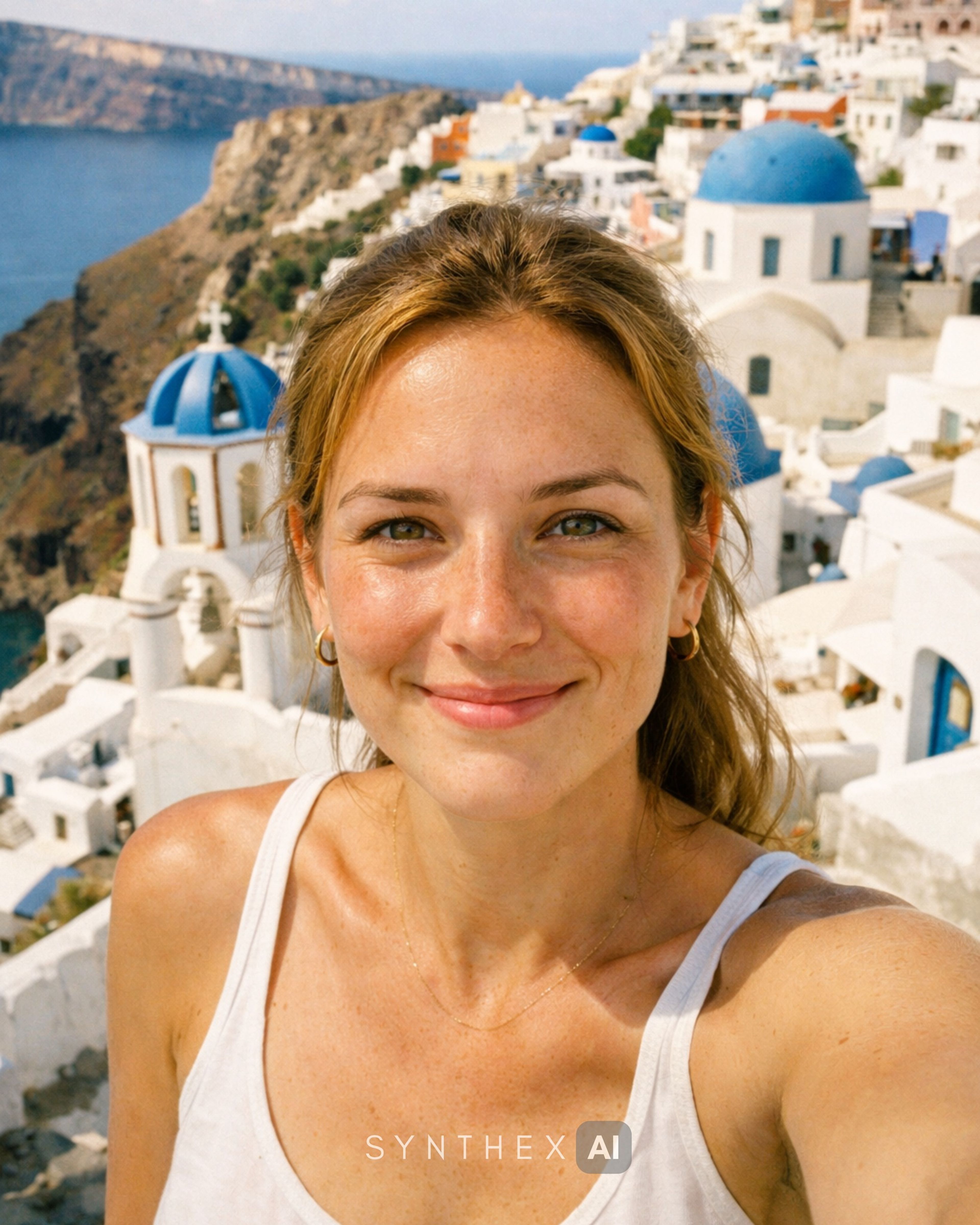 Generate Santorini Cliffside Travel Selfies