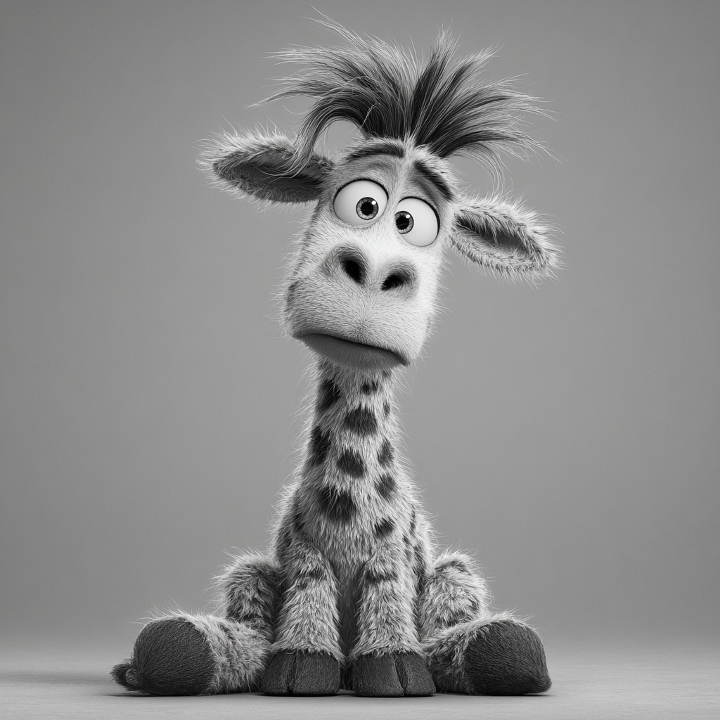 Black and White Shaggy Giraffe Cartoon Portrait