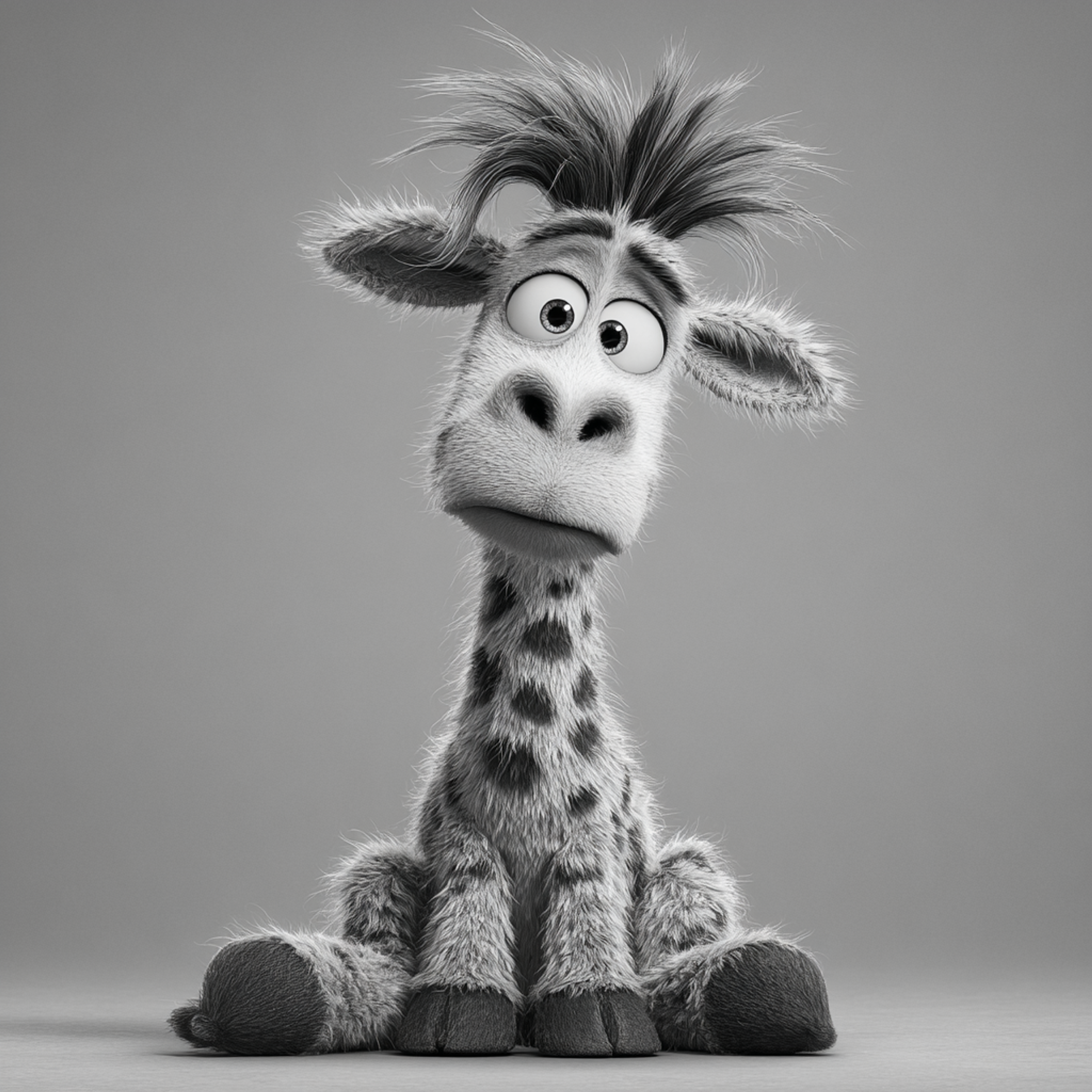 Black and White Shaggy Giraffe Cartoon Portrait