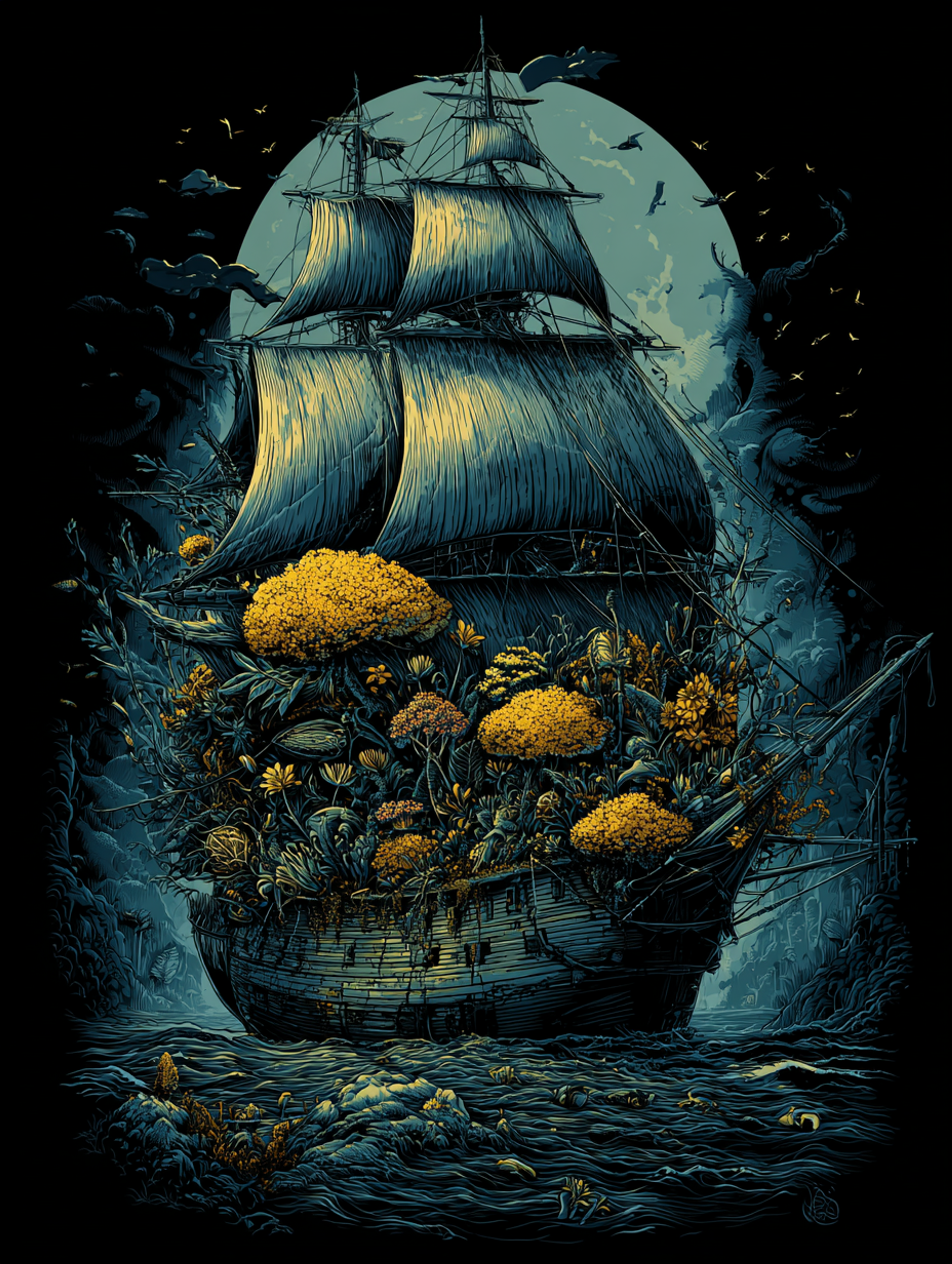 Surreal Botanical Fantasy Sailing Ship Illustration