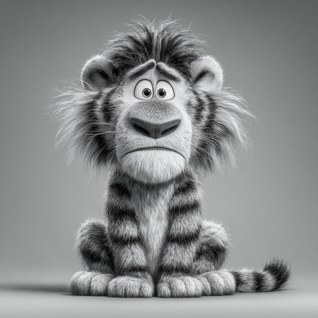 Black and White Shaggy Tiger Cartoon Portrait