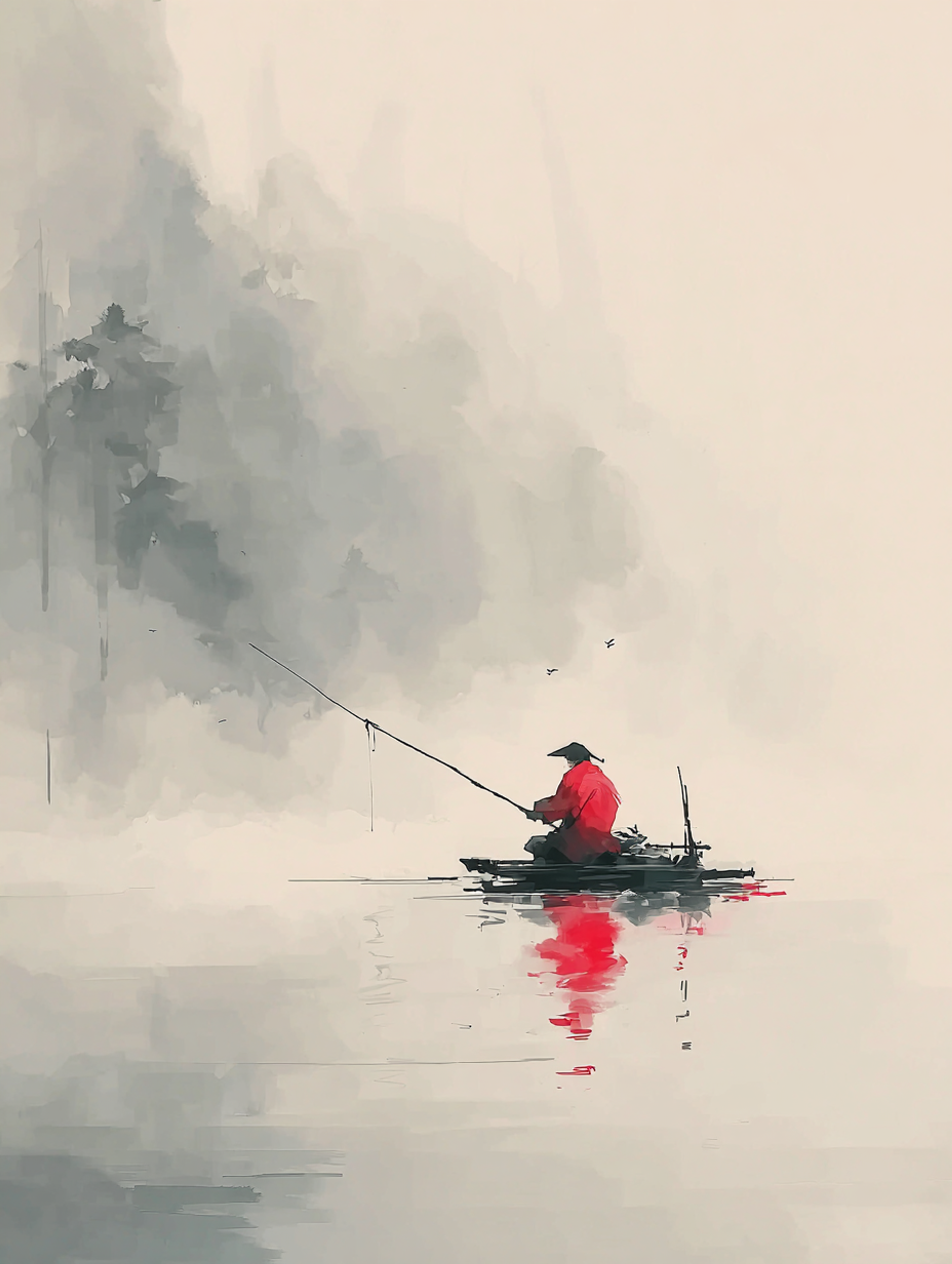 Asian Ink Wash Fisherman Painting