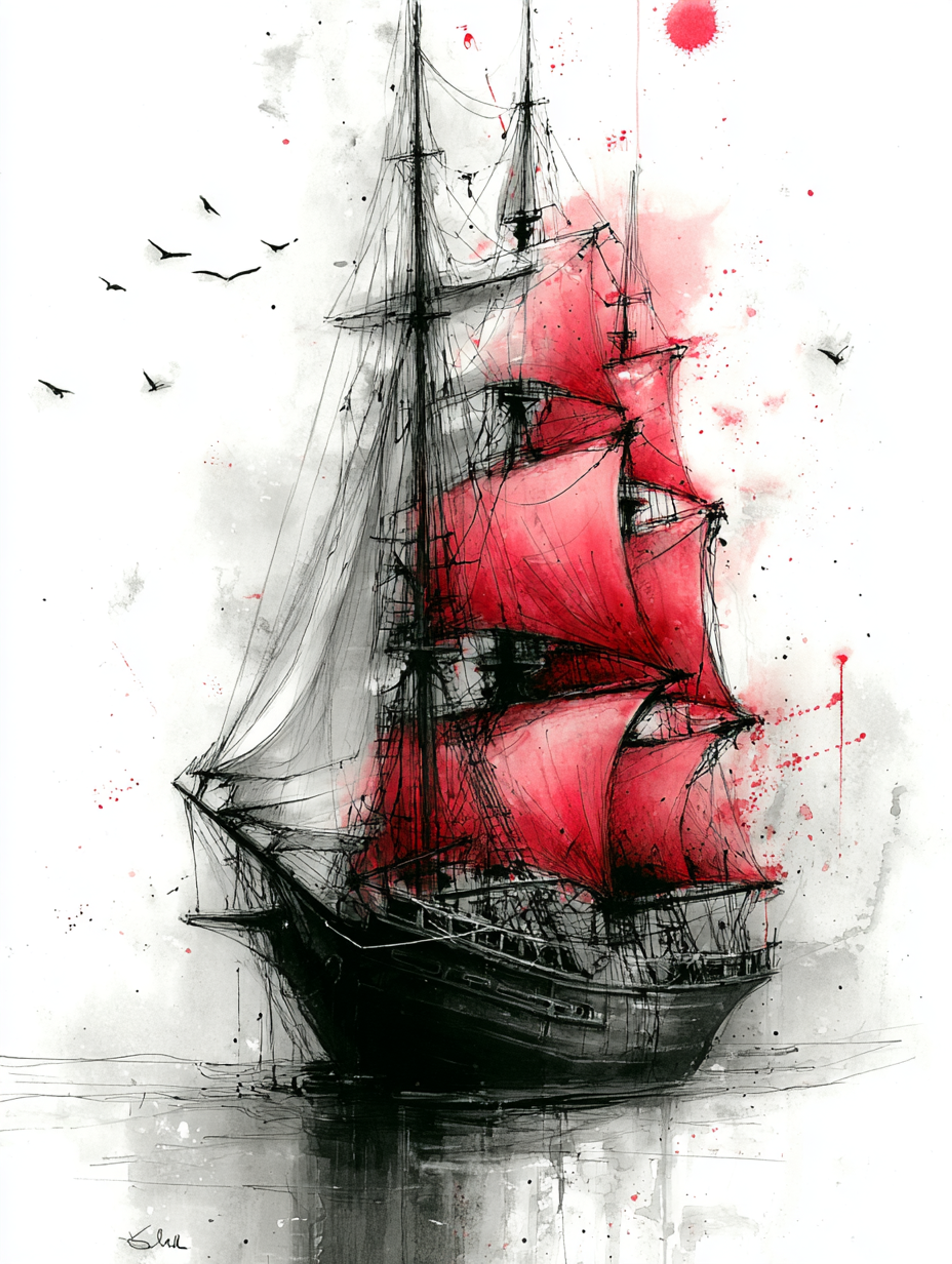 Monochrome Ink Watercolor Sailing Ship Painting