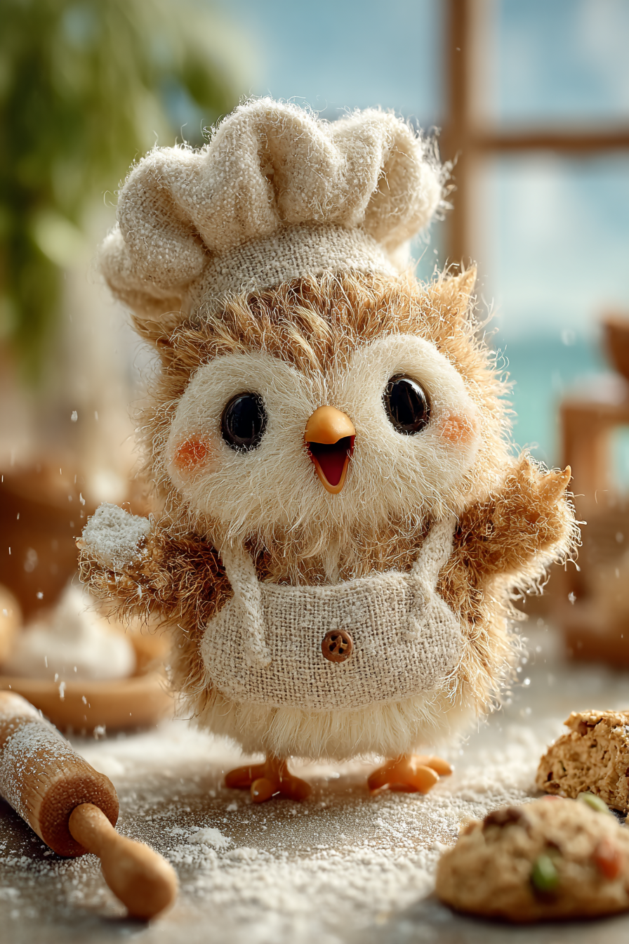 Tiny Wool Baby Owl Baking Scene