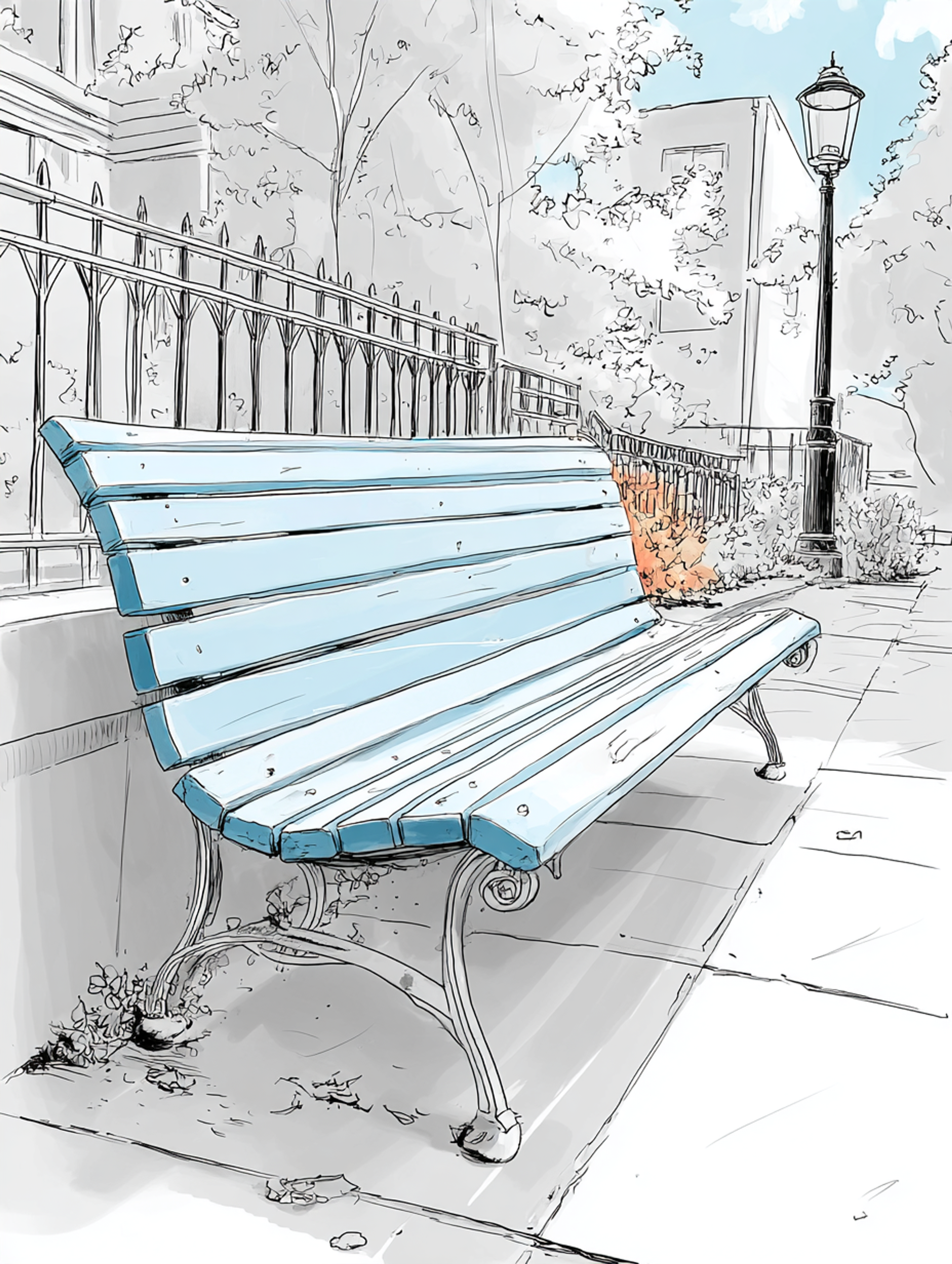 Pencil and Watercolor Bench Sketch