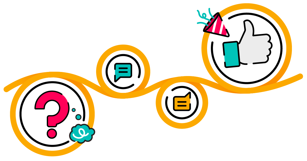 A yellow ribbon loops around a series of icons including a thumbs up, a question mark and speech bubbles