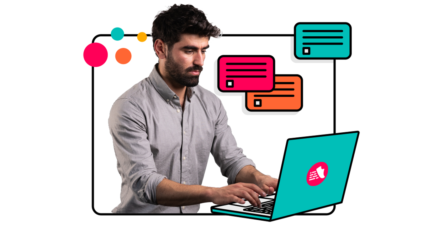 A person on a laptop with Jira tickets flying about