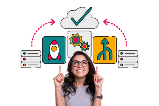 A smiling person wearing glasses points upwards with both index fingers towards a colourful illustration of a cloud migration process. Illustrated servers on each side are connected by curved arrows to three central panels showing a rocket launch, cogs for configuration, and a merged‑arrows icon, all under a cloud with a large tick.