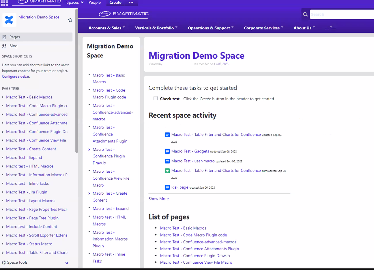 A screenshot of a demo Confluence space for testing