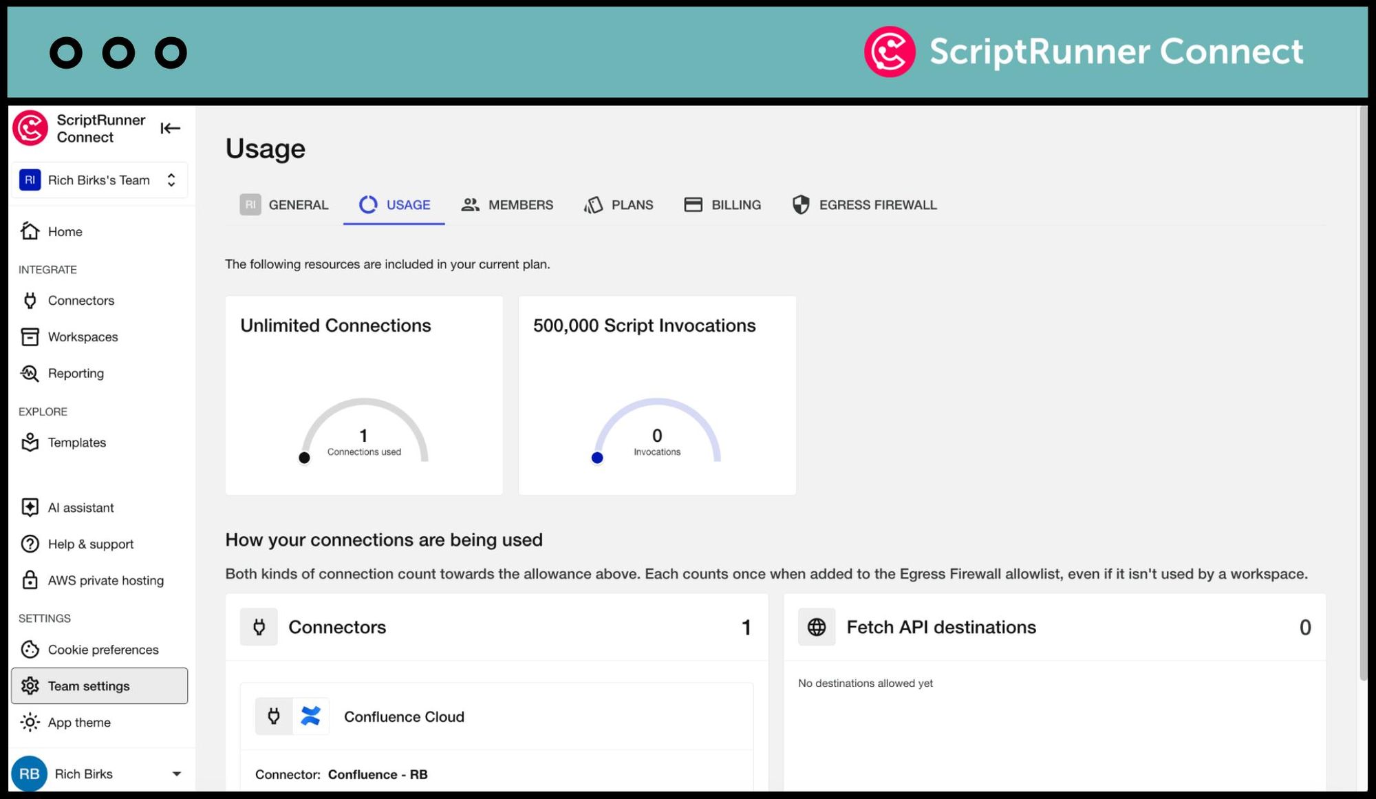 Screenshot of the Egress Firewall feature appearing in the Usage section of ScriptRunner Connect