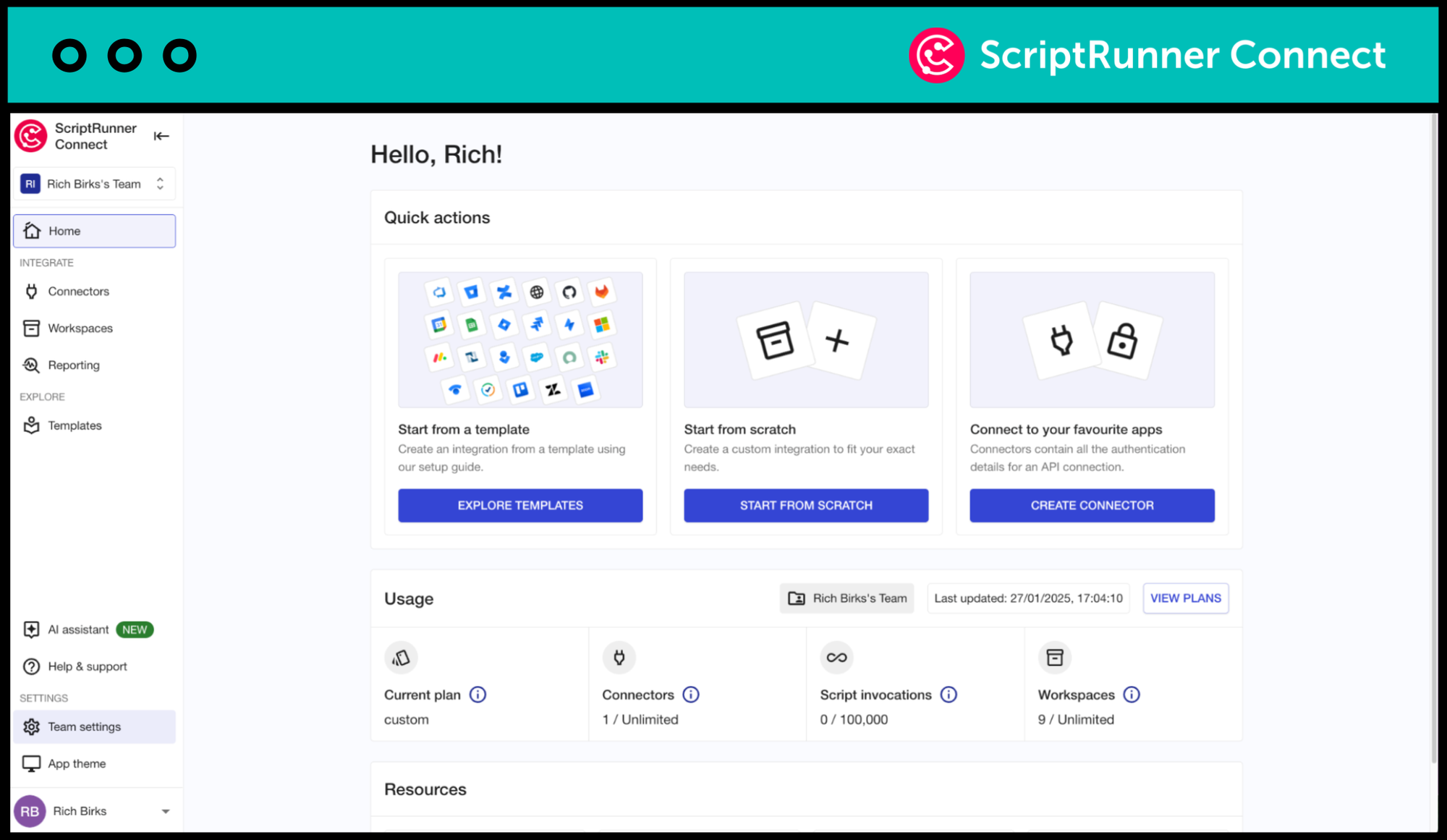 A view of how a user can see the usage stats within ScriptRunner Connect