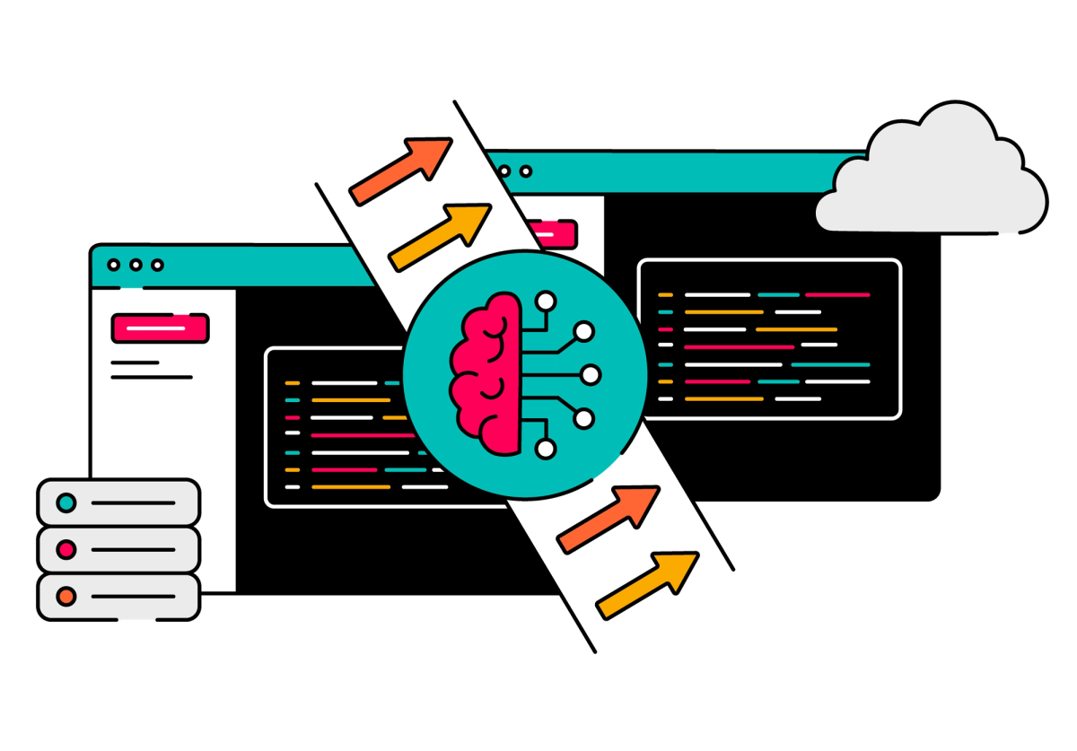 Illustration of an AI brain connecting a data center interface to a cloud interface, with arrows showing data migrating from DC to Cloud.