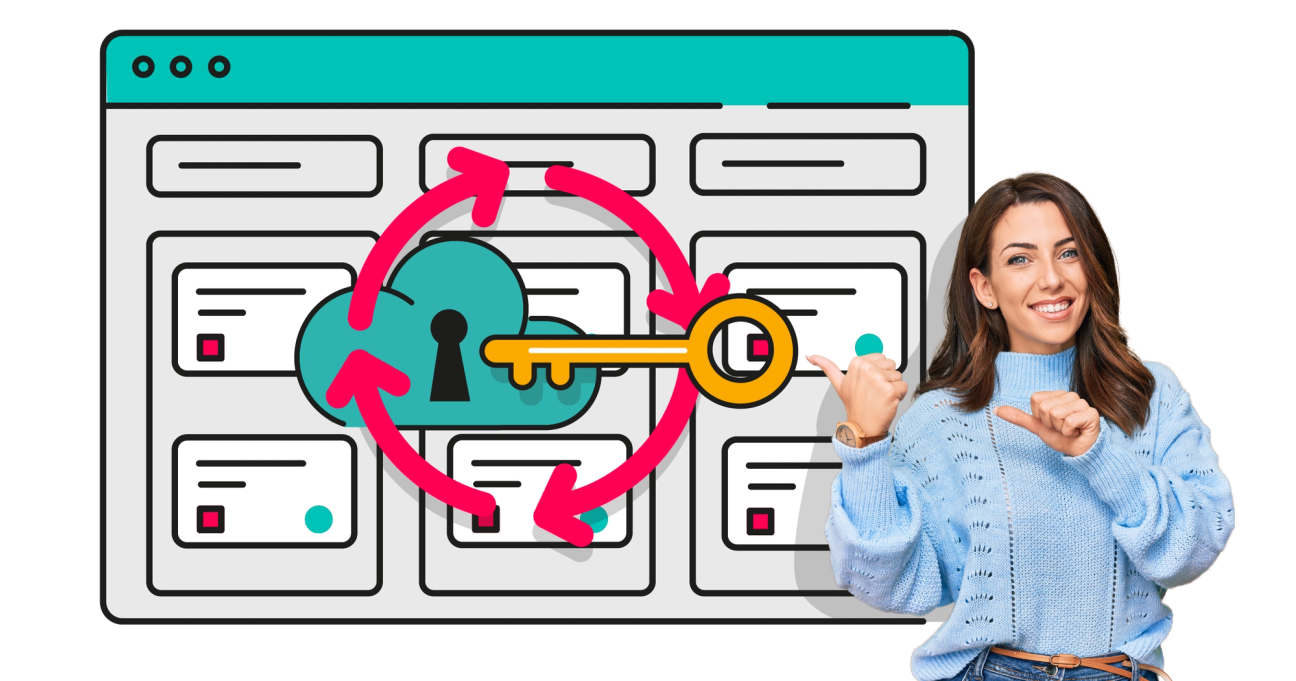 Woman pointing at Jira screen with a Cloud icon and a key
