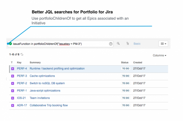 Screenshot of JQL search on Portfolio for Jira