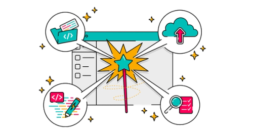 Illustration of a magic wand in front of a web browser window, with rays pointing to four circular icons: a code folder, a cloud upload symbol, colourful lines of code with a pencil, and a checklist with a magnifying glass; all representing automation of coding, editing, reviewing, and deployment tasks.