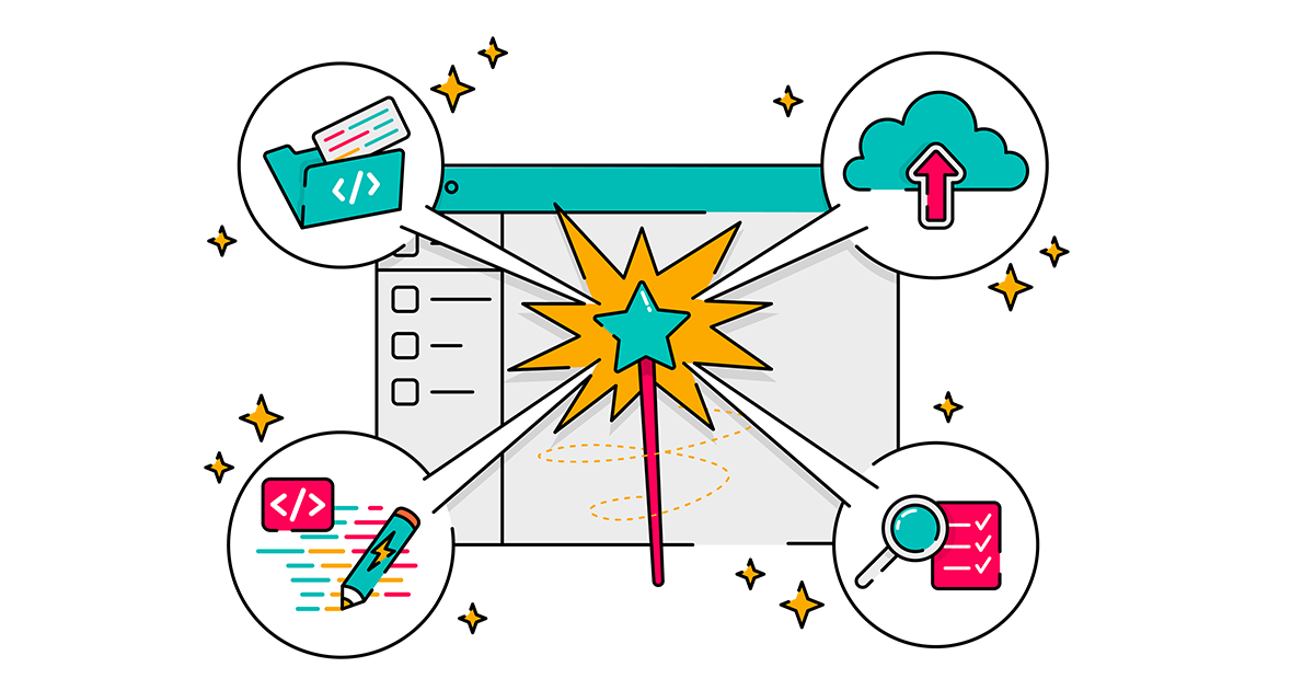 Illustration of a magic wand in front of a web browser window, with rays pointing to four circular icons: a code folder, a cloud upload symbol, colourful lines of code with a pencil, and a checklist with a magnifying glass; all representing automation of coding, editing, reviewing, and deployment tasks.