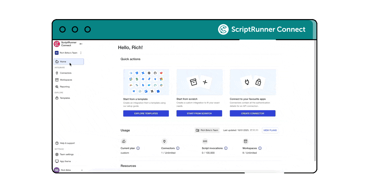 A screen recording GIF of the ScriptRunner Connect interface, showing the user scrolling through an extensive list of app connector options