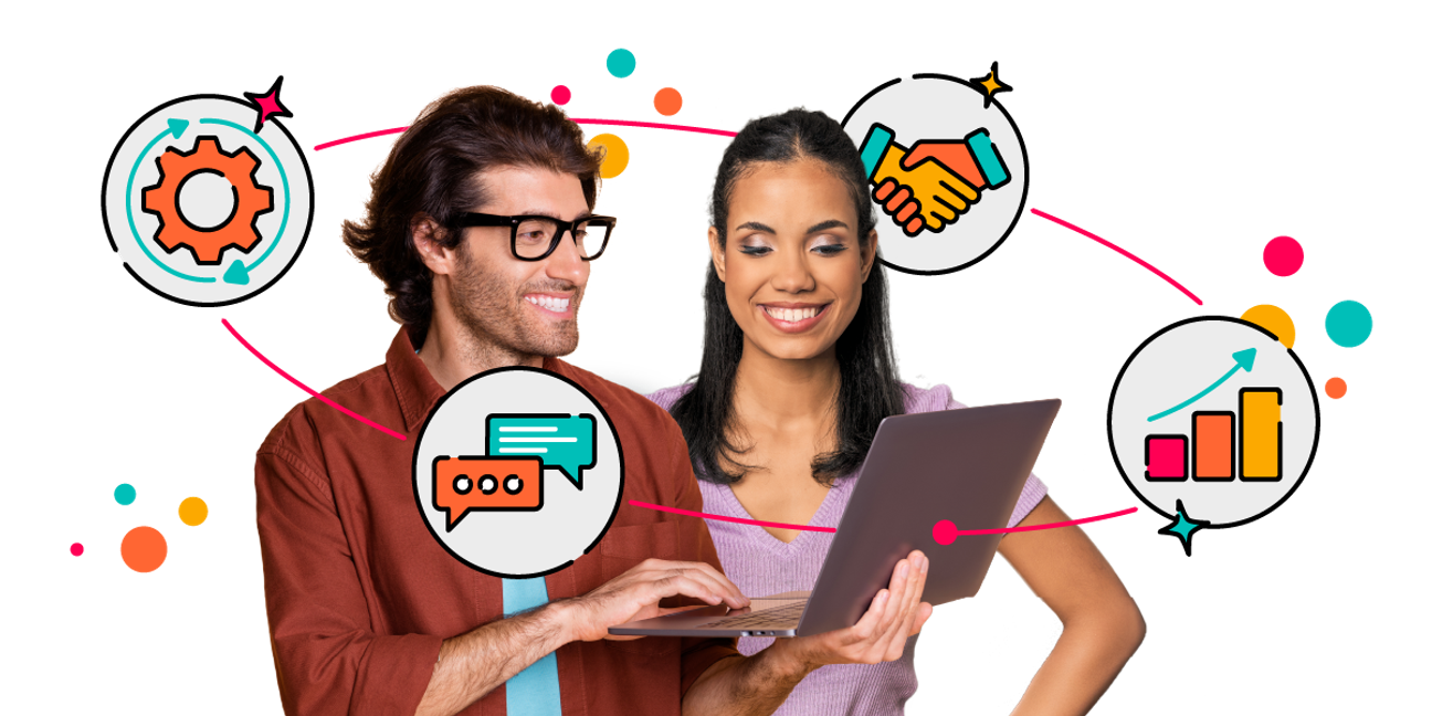 Two people holding a laptop surrounded by images, such as a cog, a graph, speech bubbles and a handshake, to represent the benefits of connecting two apps together