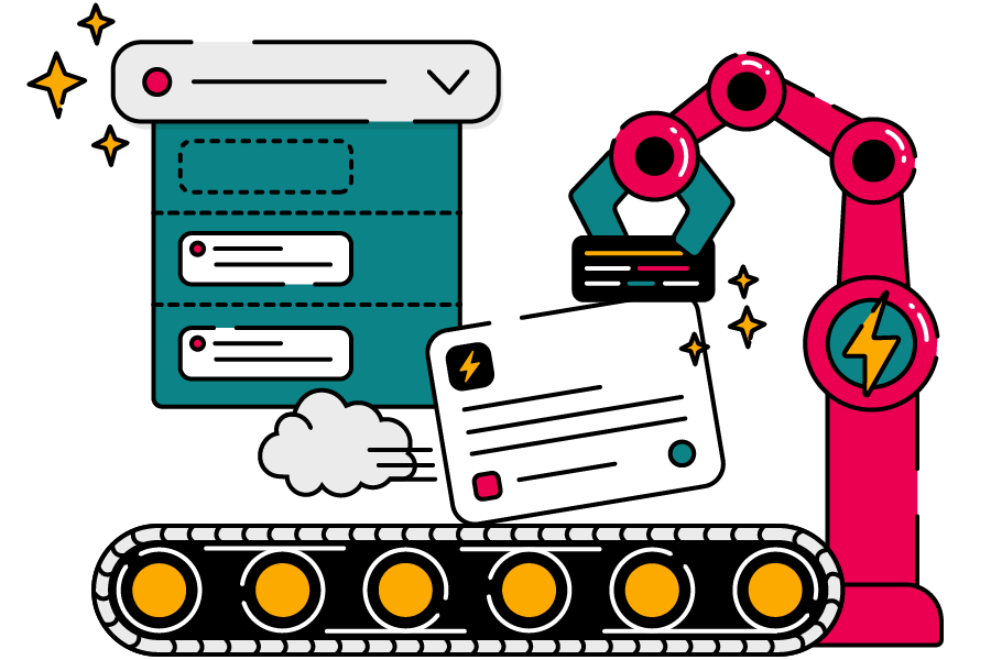 A robotic arm powered by a lightning bolt adds scripts to a Jira card as it's dropped onto a moving conveyor belt