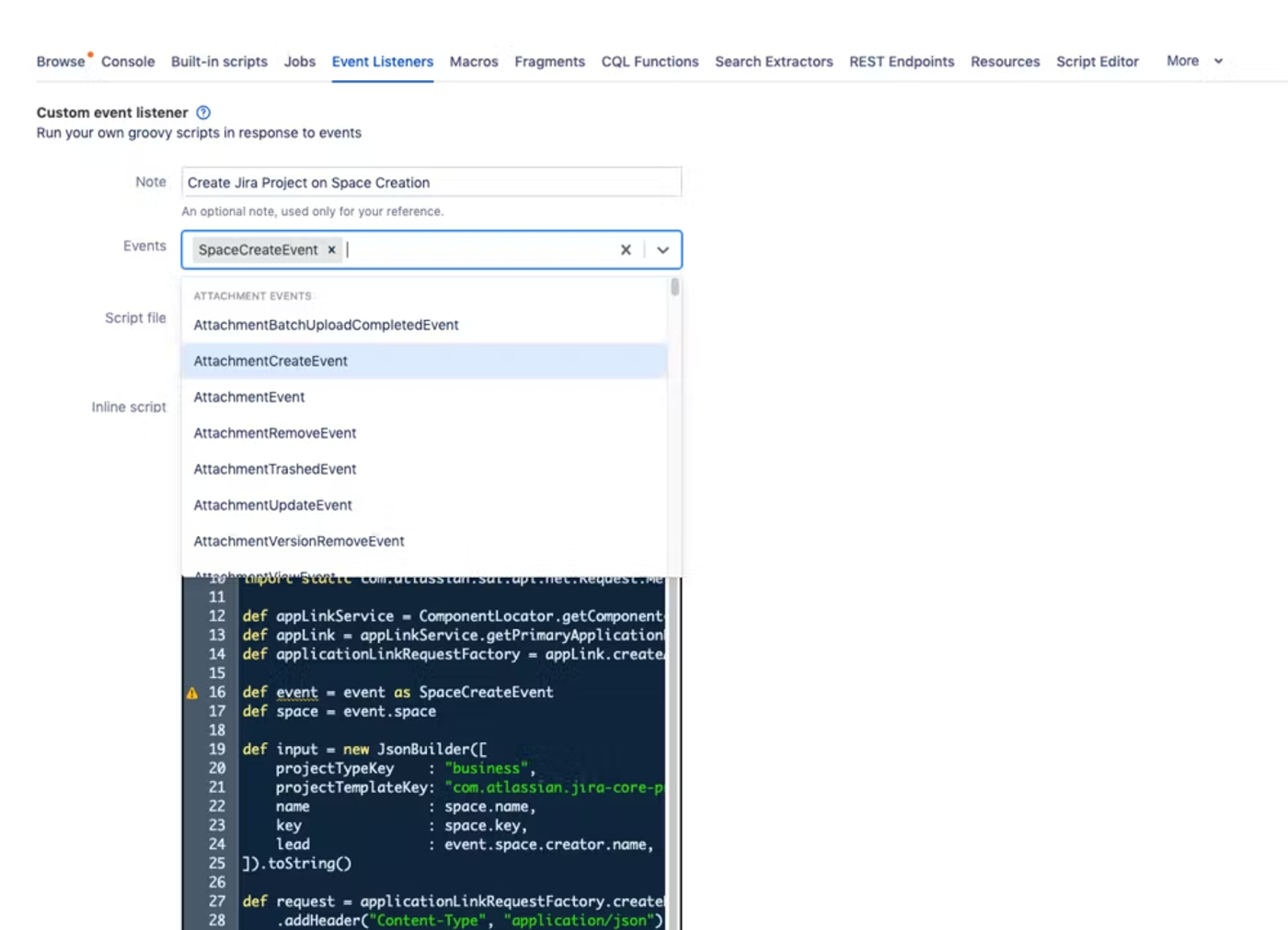 A screenshot of ScriptRunner for Confluence showing the configuration of an event listener
