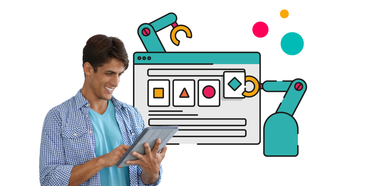 A person uses an iPad while a pair of robot arms manage a Confluence page in the background