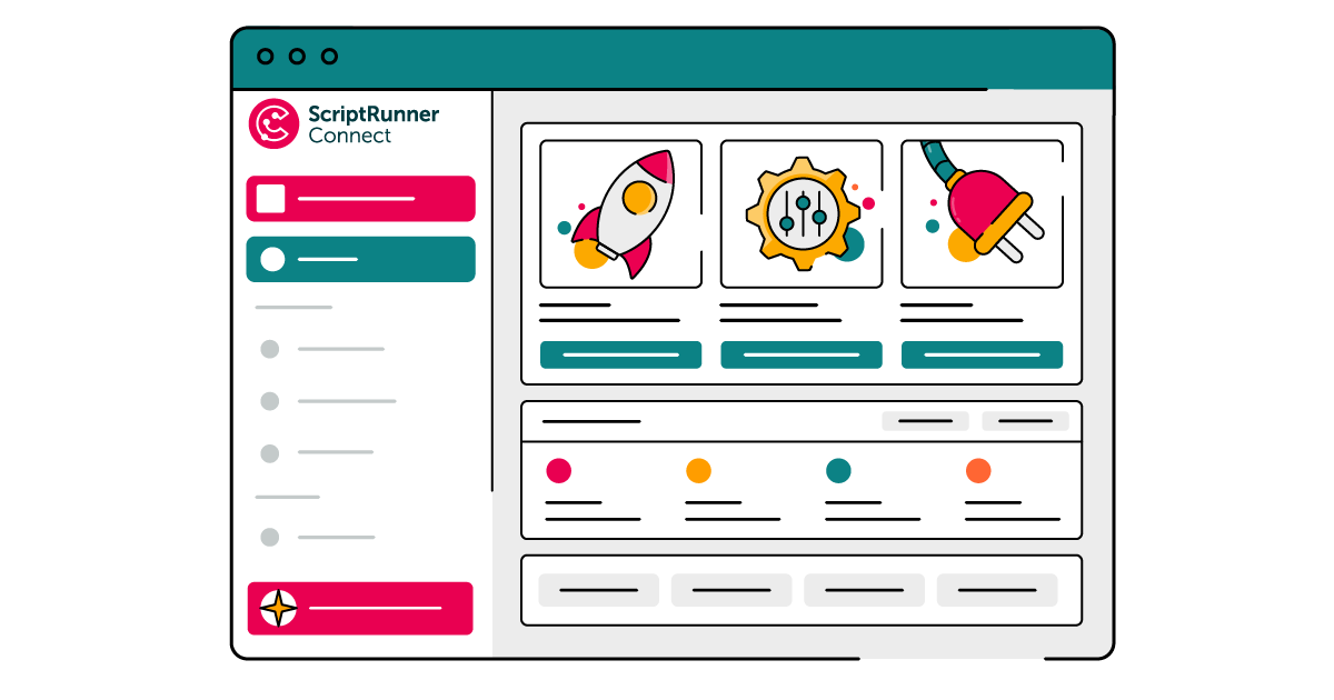Illustration of a ScriptRunner Connect web interface. The left sidebar shows the ScriptRunner Connect logo, navigation items, and a highlighted menu option, all in pink and teal. The main content area displays three colourful feature cards with icons—a rocket, a cog with tools, and a plug—above rows of horizontal cards and coloured status dots, suggesting different automations and integrations in a dashboard layout.