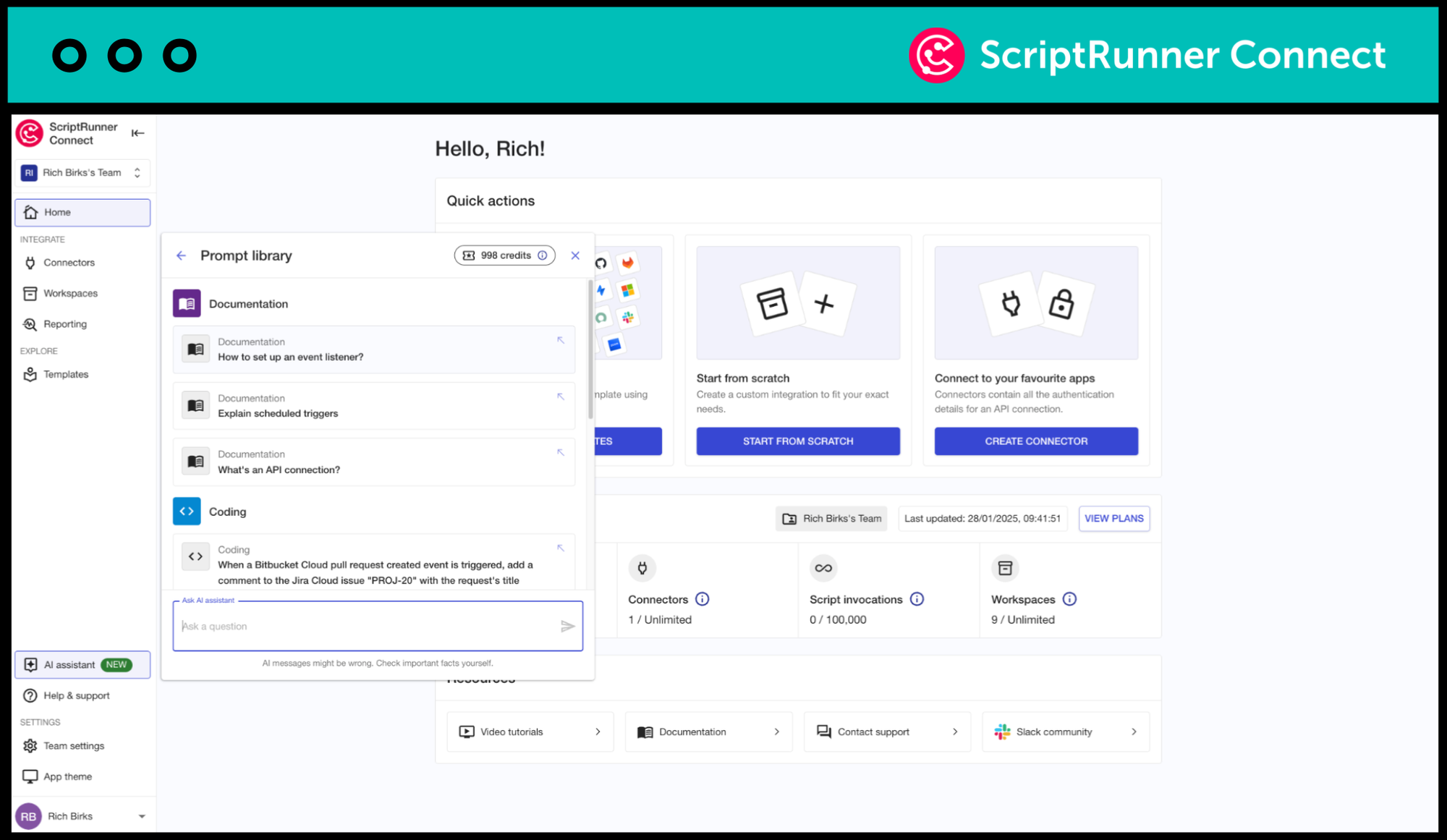 A view of how a user can query the documentation using the AI assistant in ScriptRunner Connect