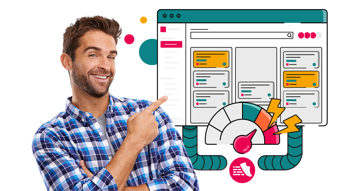 A person in a blue checked shirt smiles and points towards an illustrated Jira window showing a colourful dashboard with multiple panels, a speedometer-style performance gauge, and stylised pipes and icons, representing powerful automations.