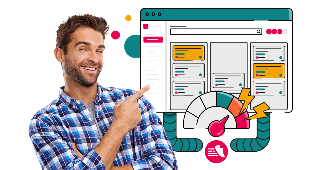 A person in a blue checked shirt smiles and points towards an illustrated Jira window showing a colourful dashboard with multiple panels, a speedometer-style performance gauge, and stylised pipes and icons, representing powerful automations.