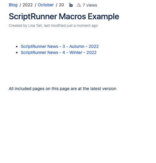 Screenshot of includes report macro in use