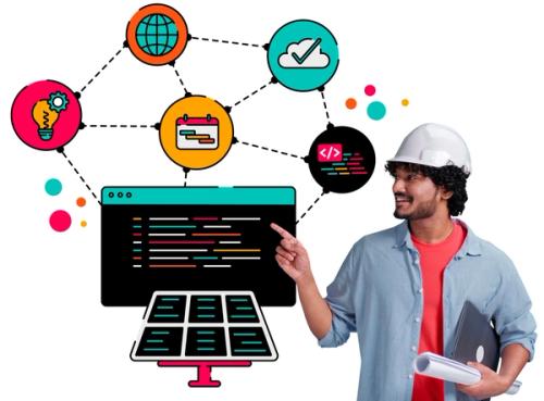 A person wearing a safety helmet and casual work clothes stands on the right, smiling and pointing towards colourful digital icons on the left and above them. The icons include a globe, a lightbulb with a cog, a calendar, a cloud with a tick, and a browser window with multicoloured code lines, floating above a stylised solar panel—representing themes of coding, technology, planning, and sustainable engineering. The person holds a closed laptop and a rolled-up document under one arm.