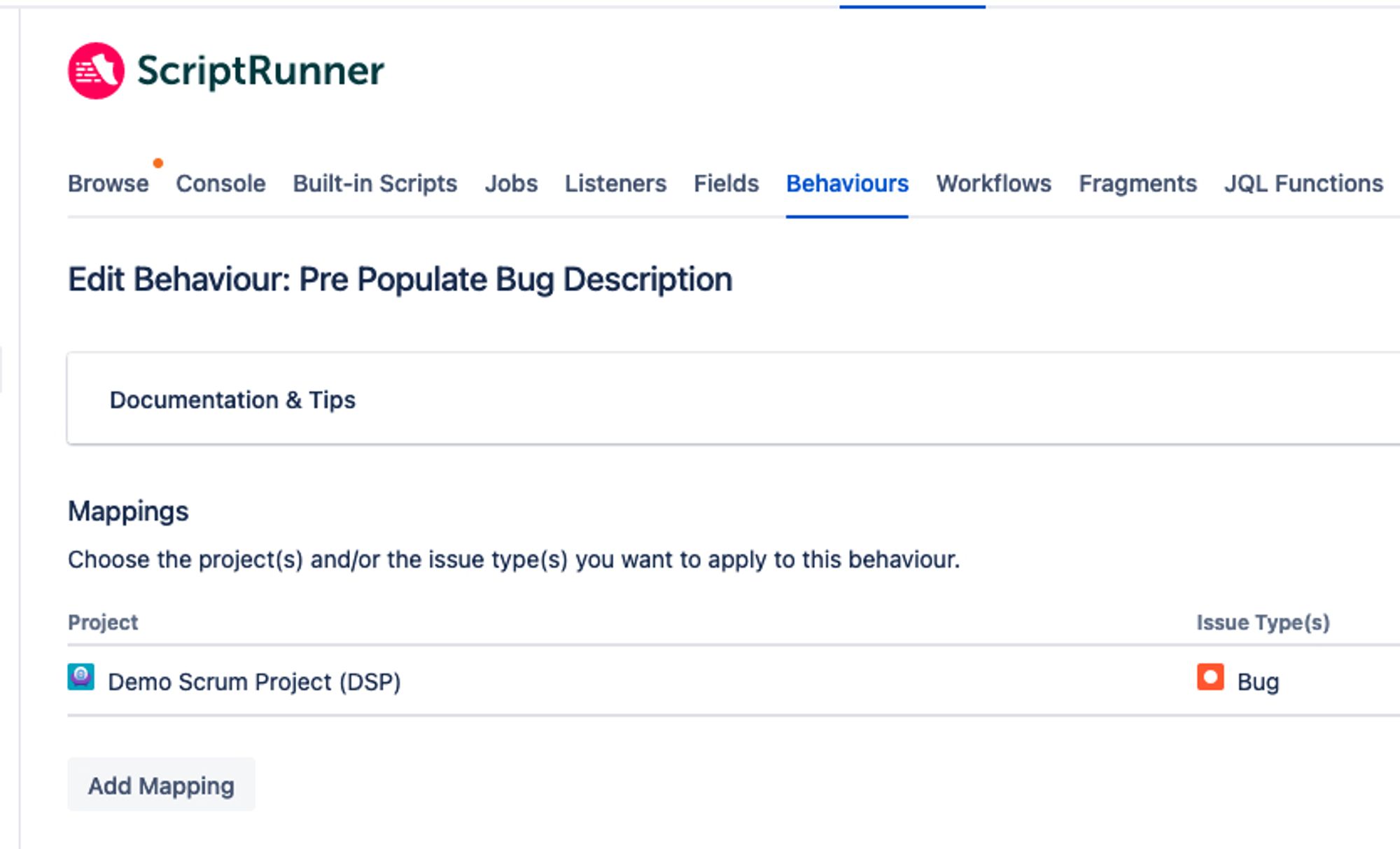 A screenshot showing the settings to configure a pre-defined template used for creating Bug issues.