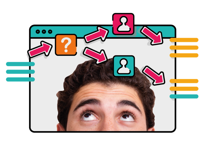 A person looks up at an illustration of a conditional process contained within a webpage