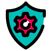 Icon with a pink cogwheel inside a blue shield