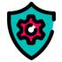Icon with a pink cogwheel inside a blue shield