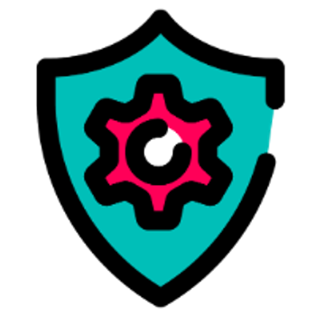 Icon with a pink cogwheel inside a blue shield