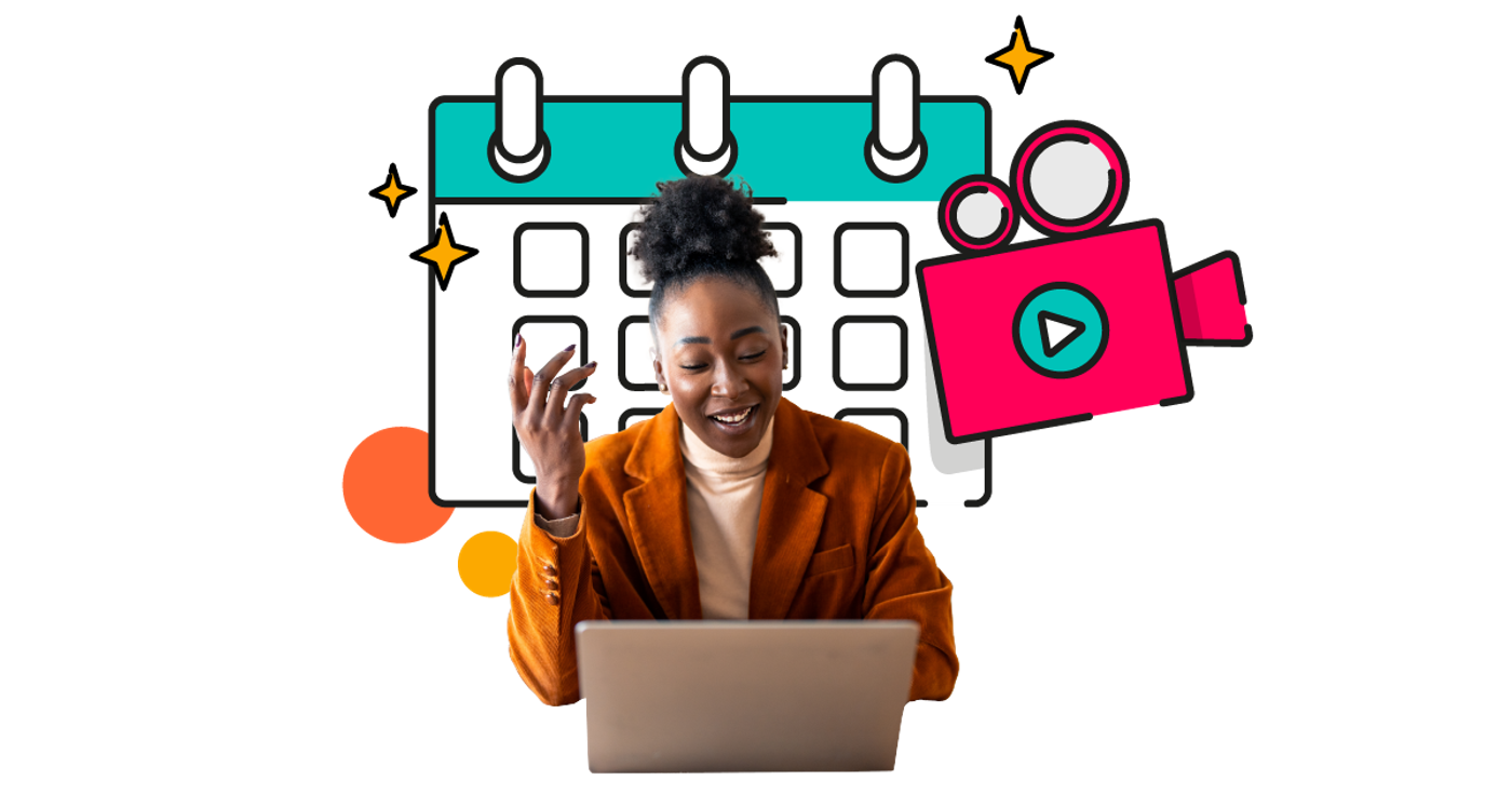Person on a video call on their laptop, surrounded by a illustration of a calendar and video camera