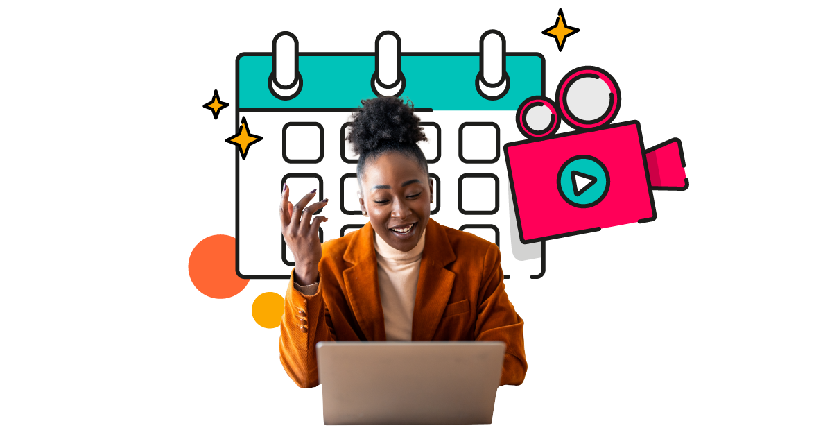Person on a video call on their laptop, surrounded by a illustration of a calendar and video camera