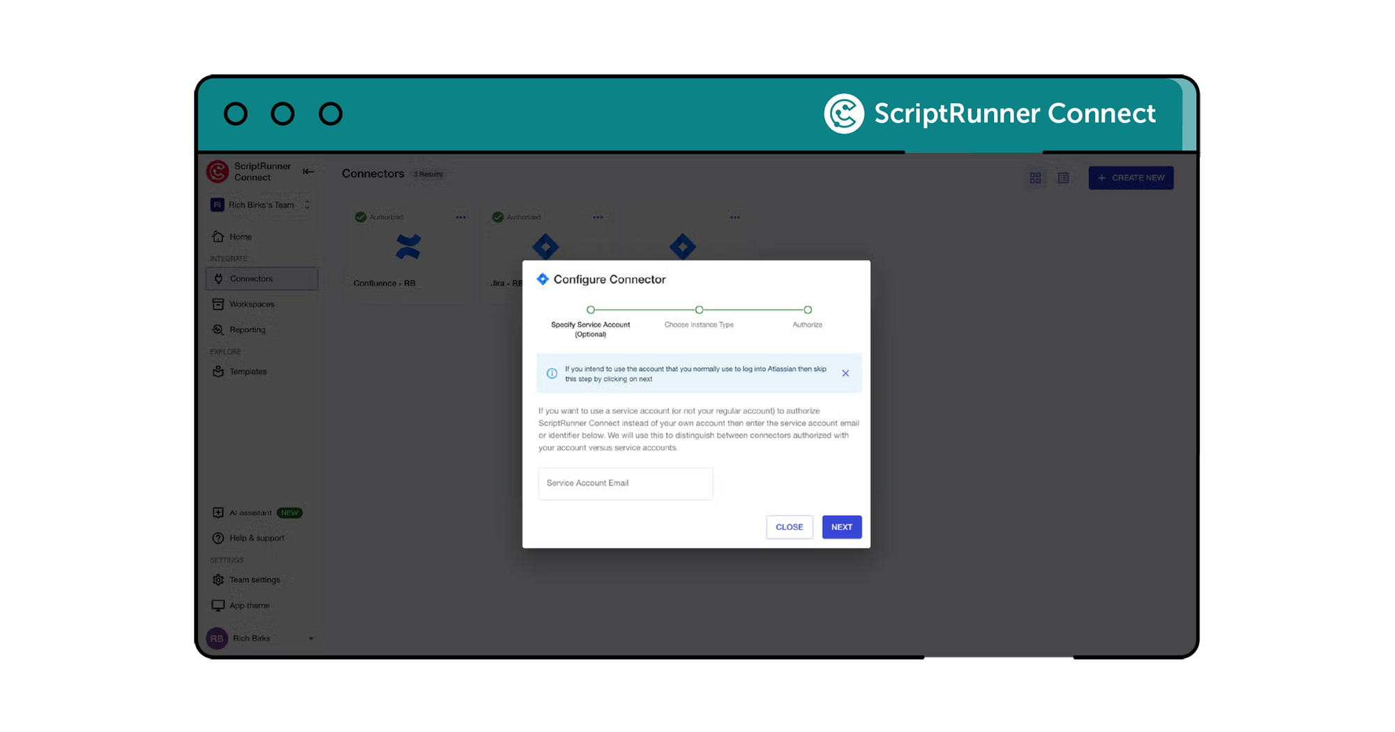 A screenshot of the ScriptRunner Connect interface, showing configuration and authentication options for connector setup