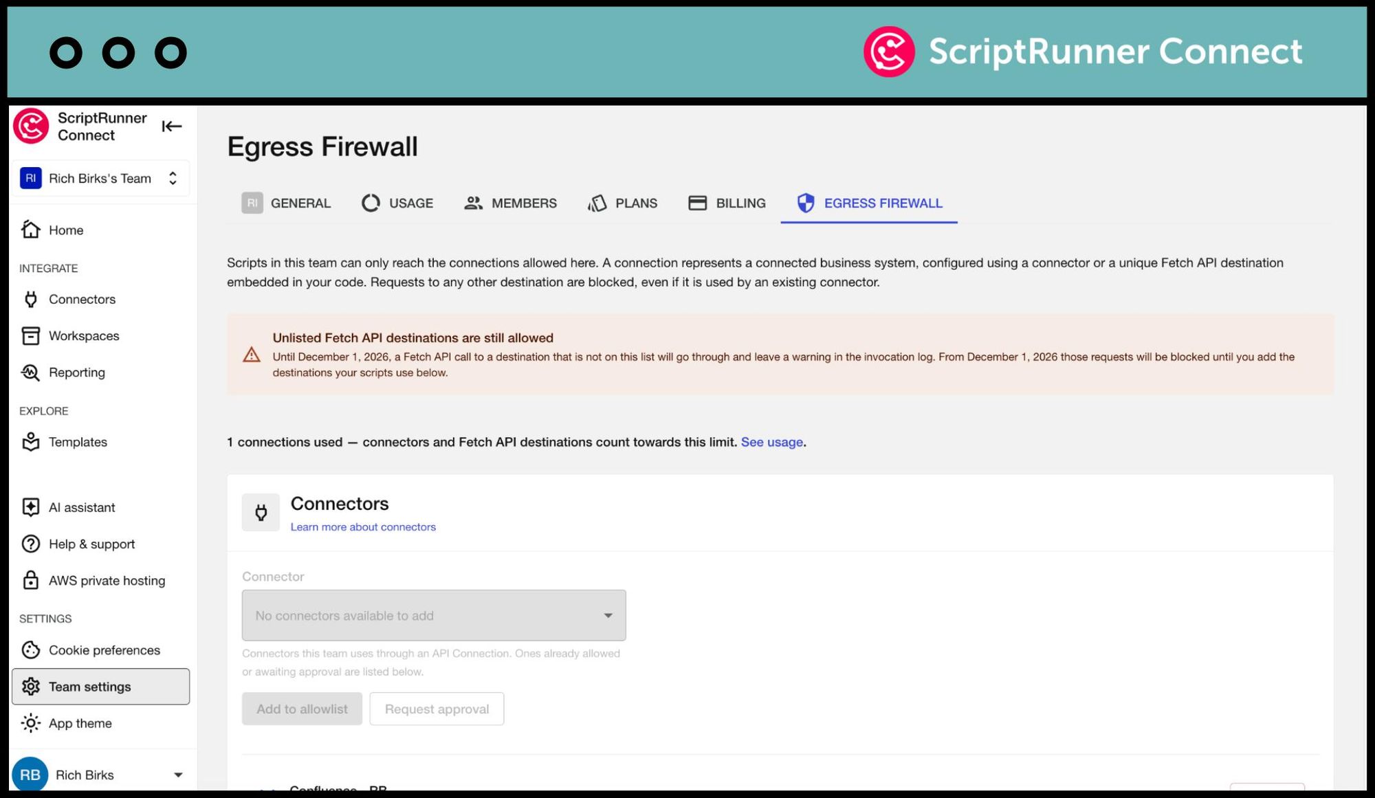 Screenshot of the Egress Firewall feature in ScriptRunner Connect