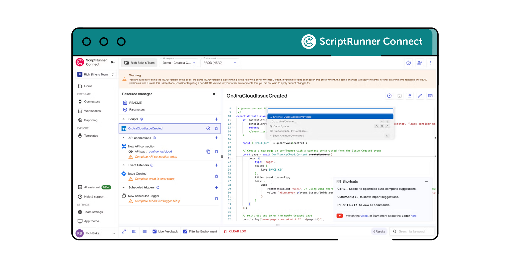 ScriptRunner Connect screenshot showing another menu in the template for API customisation