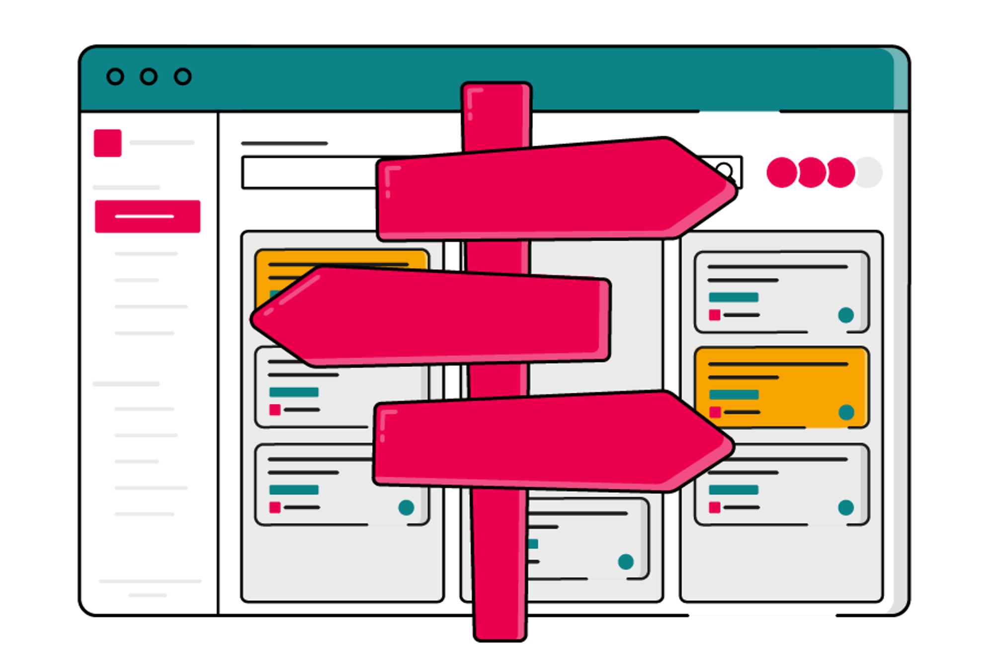 Illustration of a ScriptRunner‑branded Jira interface filled with coloured task cards, overlaid by a large pink multi‑directional signpost symbolising guided navigation.