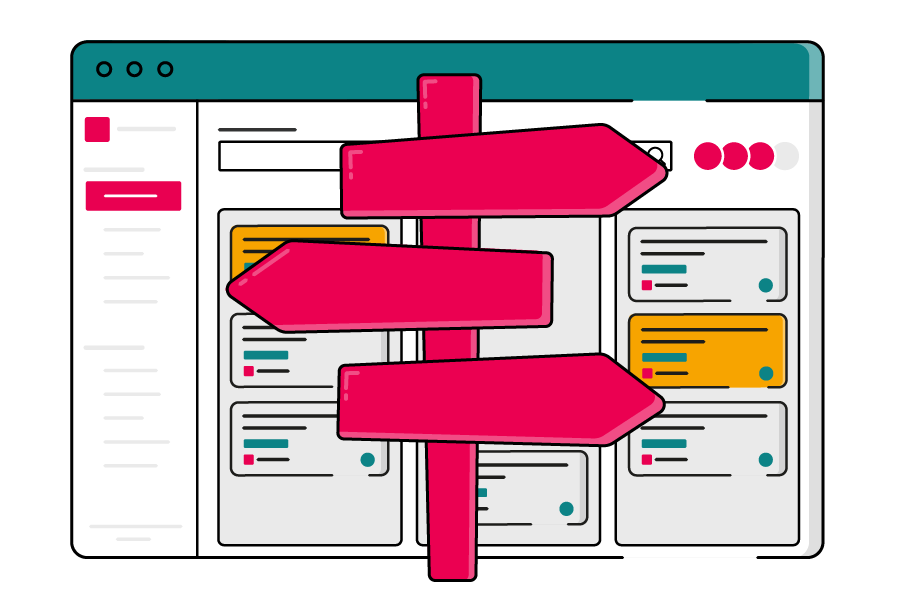 Illustration of a ScriptRunner‑branded Jira interface filled with coloured task cards, overlaid by a large pink multi‑directional signpost symbolising guided navigation.