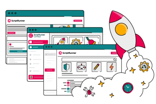 Illustration of three overlapping ScriptRunner product browser windows, each showing different app-style icons and interfaces, with a pink-and-white rocket blasting off on the right. The rocket leaves a trail of clouds, stars, a clock, and a cog icon—suggesting automation, speed, and multiple ScriptRunner solutions working together.